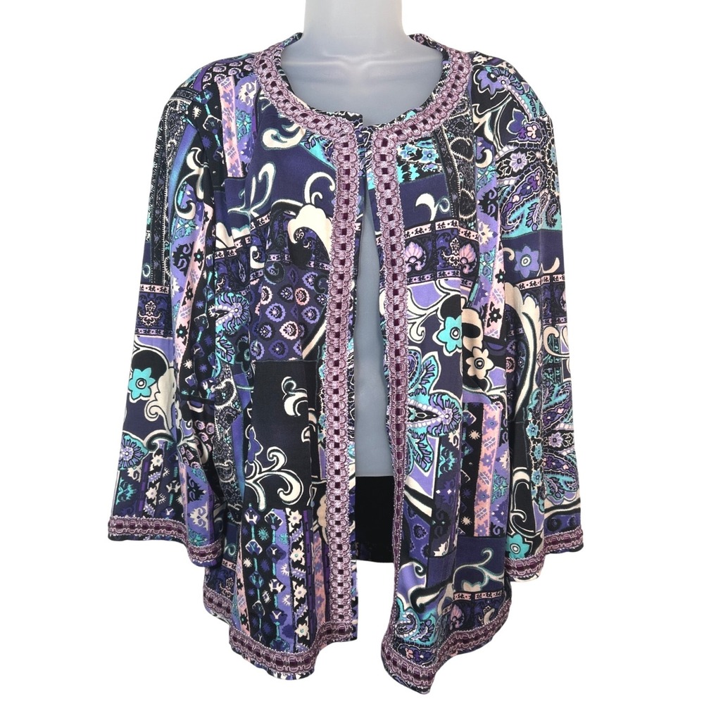 Joan Rivers Womens Sz 2X Open Front Cardigan Jacket Purple Blue Boho Artsy VTG
